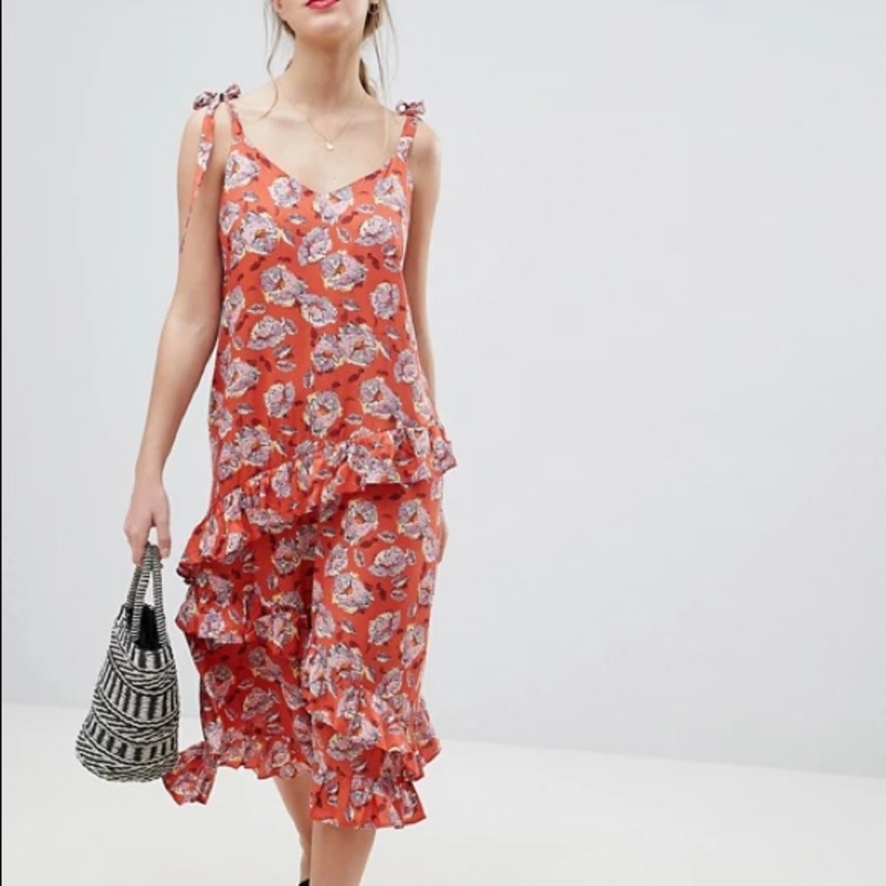 VILA Clothes Orange Floral Ruffle Cami Dress L